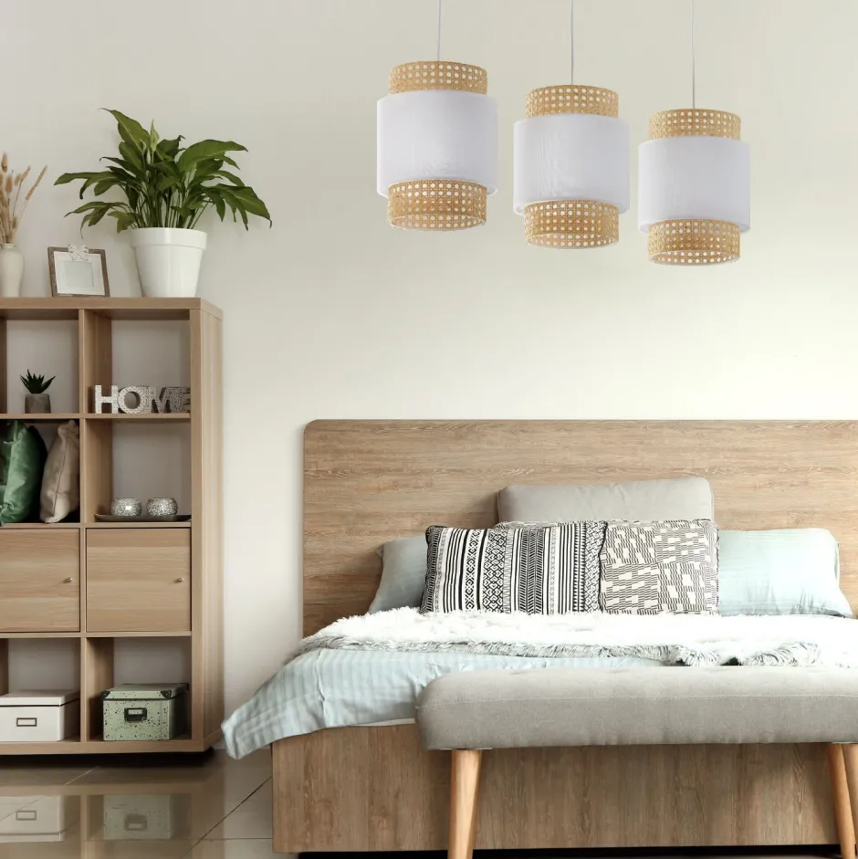 TK Lighting Hängelampe Weiß Natur Stoff Rattan E27 Boho Esstisch< Hängelampen|Esszimmer Lampen