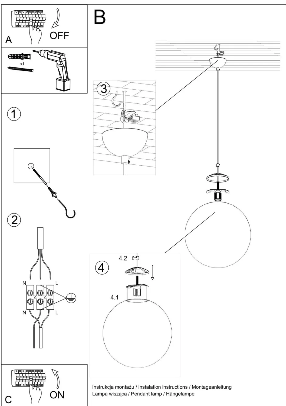 Sollux Hängeleuchte Glas Kugel Ø 30 cm E27 Weiß Gold BIANCO< Hängelampen|Wohnzimmerlampen