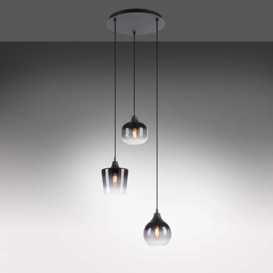 Just Light Hängeleuchte Glas Metall Rauchgrau Schwarz E14 B:38 cm< Hängelampen|Bürolampen