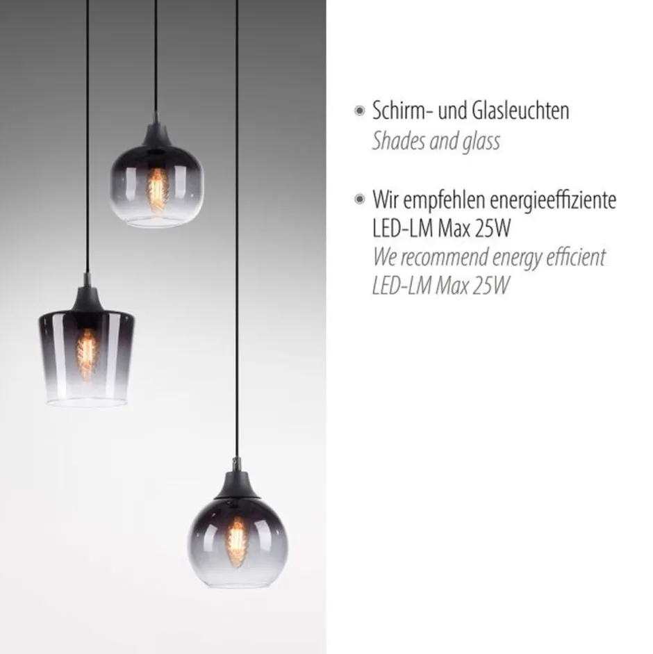 Just Light Hängeleuchte Glas Metall Rauchgrau Schwarz E14 B:38 cm< Hängelampen|Bürolampen
