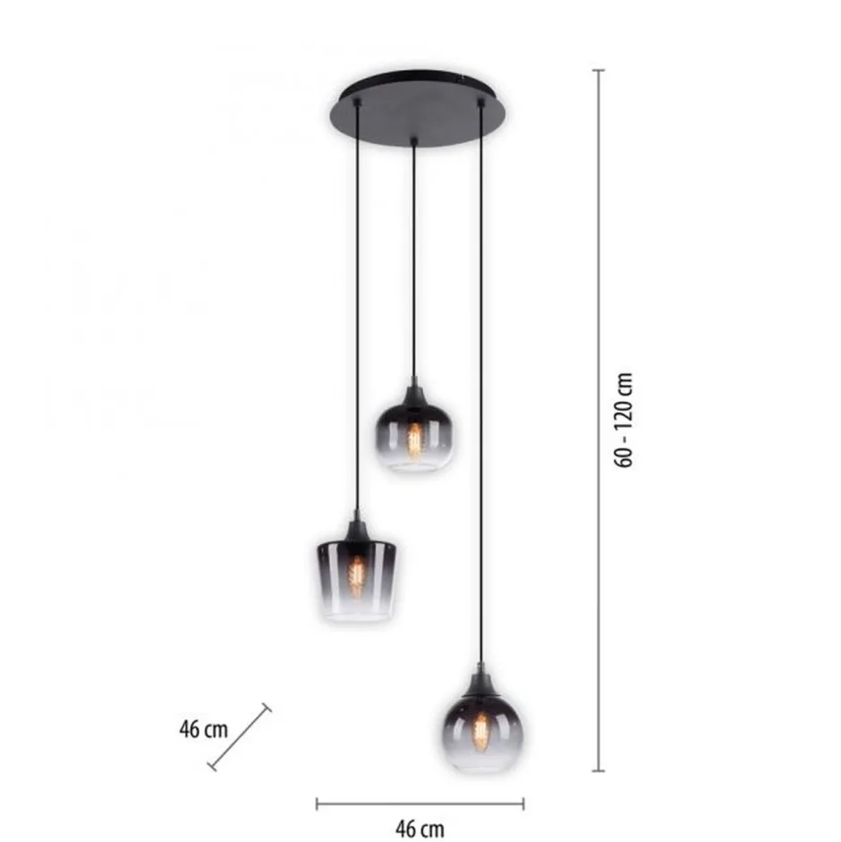 Just Light Hängeleuchte Glas Metall Rauchgrau Schwarz E14 B:38 cm< Hängelampen|Bürolampen