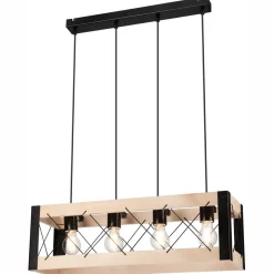 Lamkur Hängeleuchte Holz Metall 4x E27 B: 63 cm Schwarz Natur Rustikal< Bürolampen|Rustikale Lampen