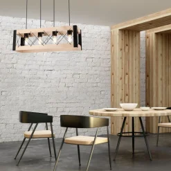 Lamkur Hängeleuchte Holz Metall 4x E27 B: 63 cm Schwarz Natur Rustikal< Bürolampen|Rustikale Lampen