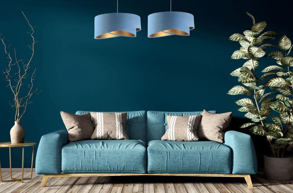 BPS Koncept Hängeleuchte rund D: 50 cm E27 Blau Gold Stoff Velours Optik< Bürolampen|Schlafzimmer Lampen