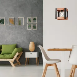 Lamkur Hängeleuchte Rustikal verstellbar E27 Metall Holz Schwarz< Bürolampen|Rustikale Lampen