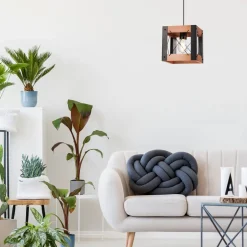 Lamkur Hängeleuchte Rustikal verstellbar E27 Metall Holz Schwarz< Bürolampen|Rustikale Lampen