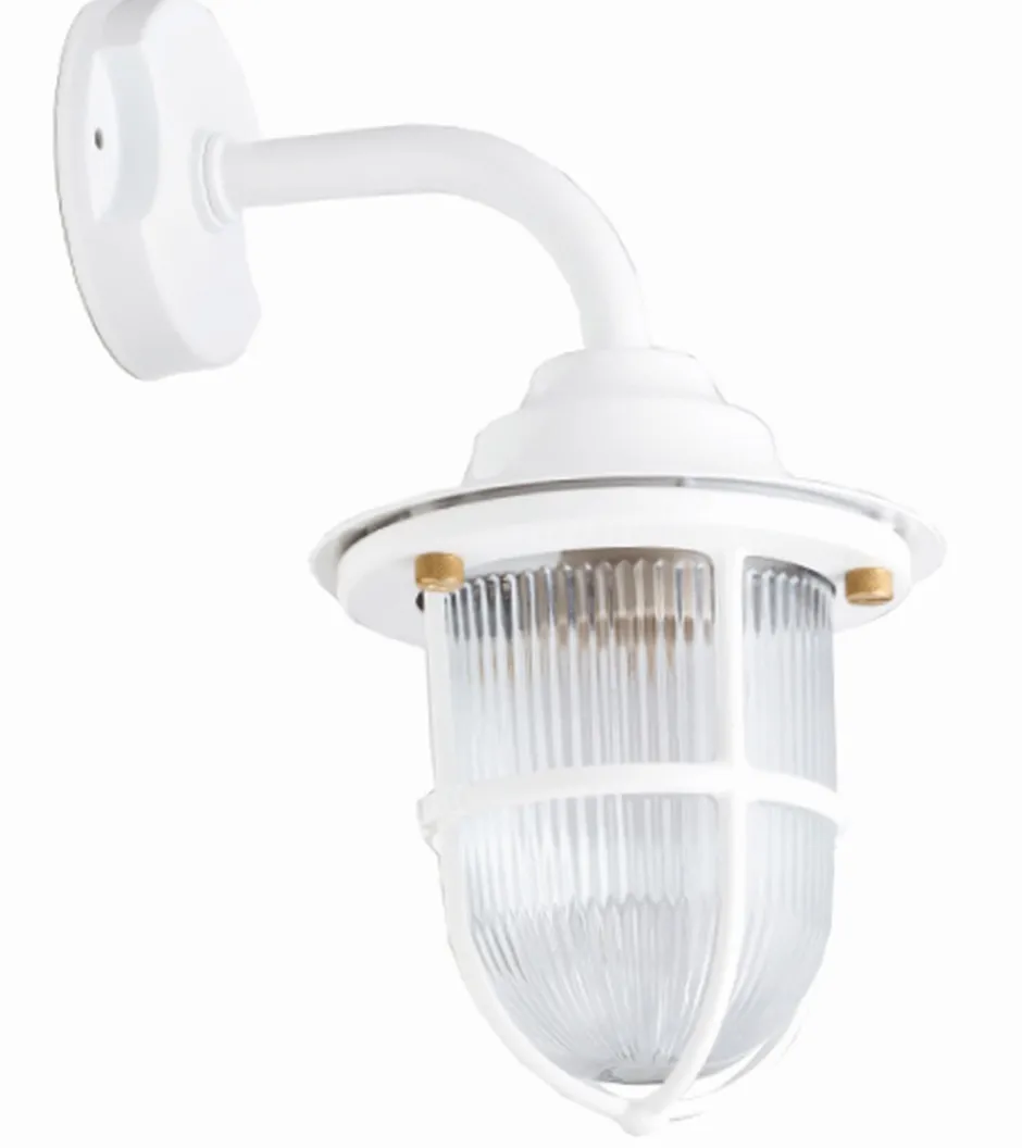 Lido Hoflampe Weiß E27 Messing Riffelglas IP64 Maritim SANTORIN< Außenwandleuchten|Messinglampen