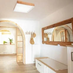 Wohnzimmerlampen|Glaslampen*Lamkur Holz Deckenleuchte Glasschirm E27 B:48 cm blendarm