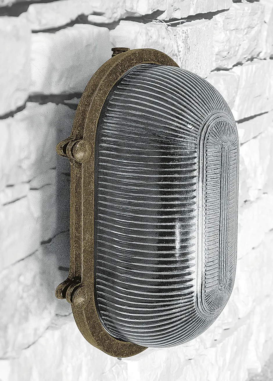 Andromeda Kellerlampe Echt-Messing Glas 26 cm breit IP64 E27< Außenwandleuchten|Feuchtraumleuchten