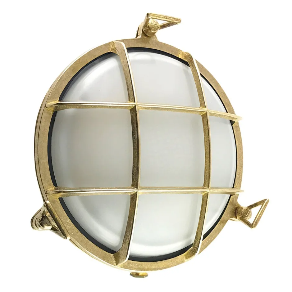 Außenwandleuchten|Feuchtraumleuchten*Andromeda Kellerleuchte Glas Echt-Messing E27 IP64 Ø 24 cm rund