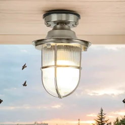 Metall Lampen|Messinglampen*Lido Kleine Deckenleuchte außen E27 Messing Riffelglas Maritim