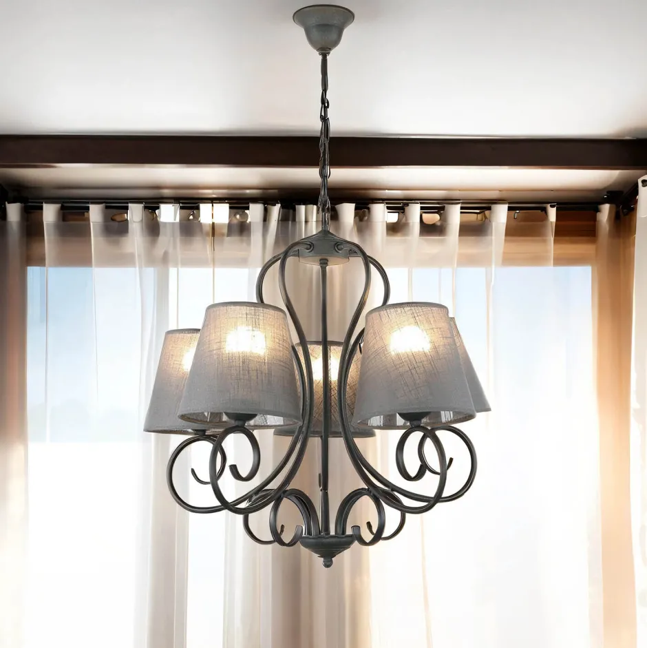 Hängelampen|Esszimmer Lampen*Lamkur Kronleuchter ABUELA Stoff 5-flmg Landhaus Esstisch