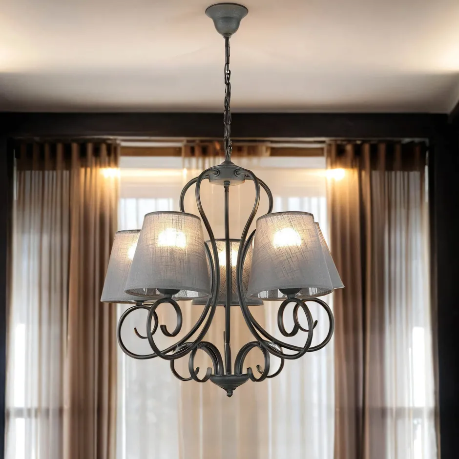 Hängelampen|Esszimmer Lampen*Lamkur Kronleuchter ABUELA Stoff 5-flmg Landhaus Esstisch