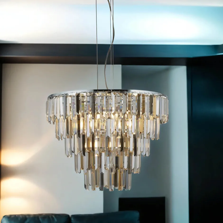 Searchlight Kronleuchter Art Déco Ø 65 cm Kristall Rauchglas 9x E14< Wohnzimmerlampen|Glaslampen