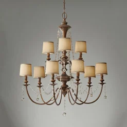 Hängelampen|Stofflampen*Elstead Kronleuchter groß mit Schirm in Braun Gold Creme