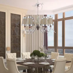 Moderne Lampen|Stofflampen*Elstead Kronleuchter mit Schirm in Taupe Silber Stoff Metall