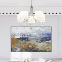 Hängelampen|Wohnzimmerlampen*Searchlight Kronleuchter mit Schirm 5x E14 Chrom Weiß Stoff Metall