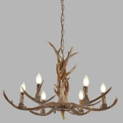 Hängelampen|Wohnzimmerlampen*Searchlight Kronleuchter Rustikal aus Resin künstliches Geweih Ø 80 cm