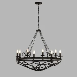 Hängelampen|Wohnzimmerlampen*Searchlight Kronleuchter Rustikal Schmiedeeisen Ø 80 cm Schwarz 8x E14
