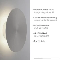Flurlampen|Wohnzimmerlampen*Paul Neuhaus LED Akku Wandlampe Grau Ø25 cm dimmbar Fernbedienung