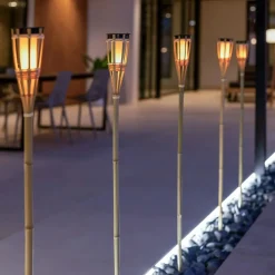 Newgarden LED Außenleuchte Fackel Erdspieß Solar 120 cm hoch Bambus IP44< Metall Lampen|Solarleuchten