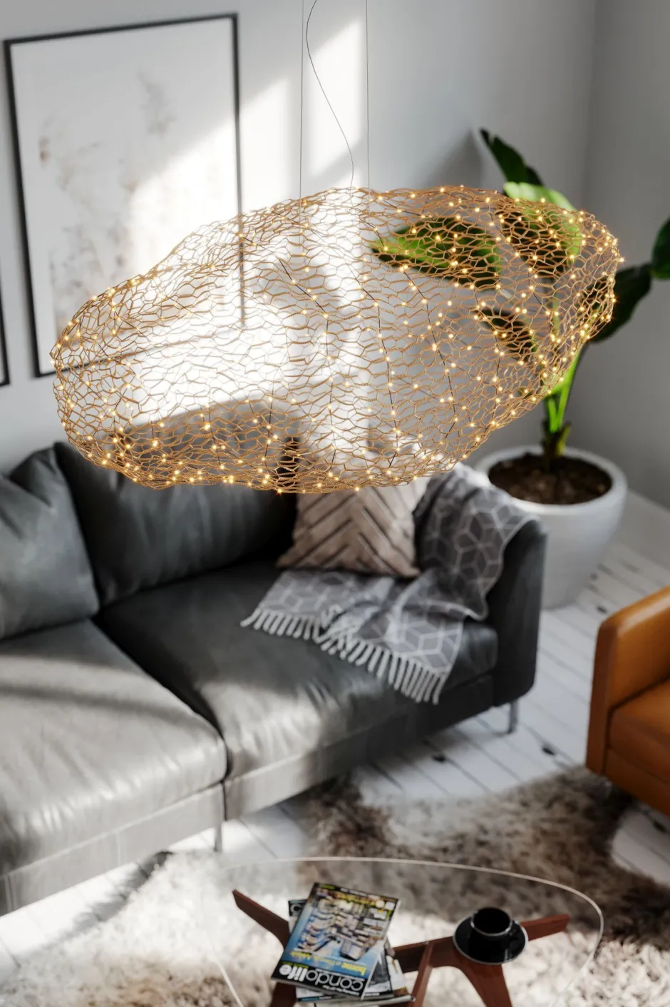By Rydéns LED Hängelampe Modern 115 cm lang Draht Schirm in Gold< Hängelampen|Led Lampen