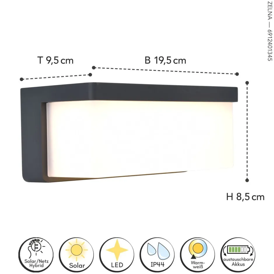 Eco-Light LED Solar Wandleuchte außen Hybrid Netzbetrieb IP44 9 W< Metall Lampen|Led Außenleuchten