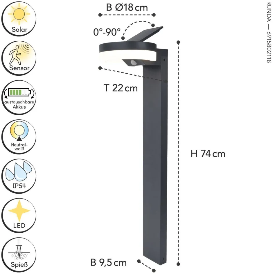 Eco-Light LED Solar Wegeleuchte Sensor Anthrazit IP54 12 W 74 cm< Metall Lampen|Solarleuchten