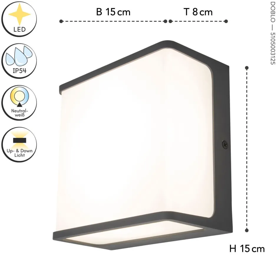 Metall Lampen|Led Außenleuchten*Eco-Light LED Wandlampe Anthrazit Aluminium IP54 4000 K B:15 cm