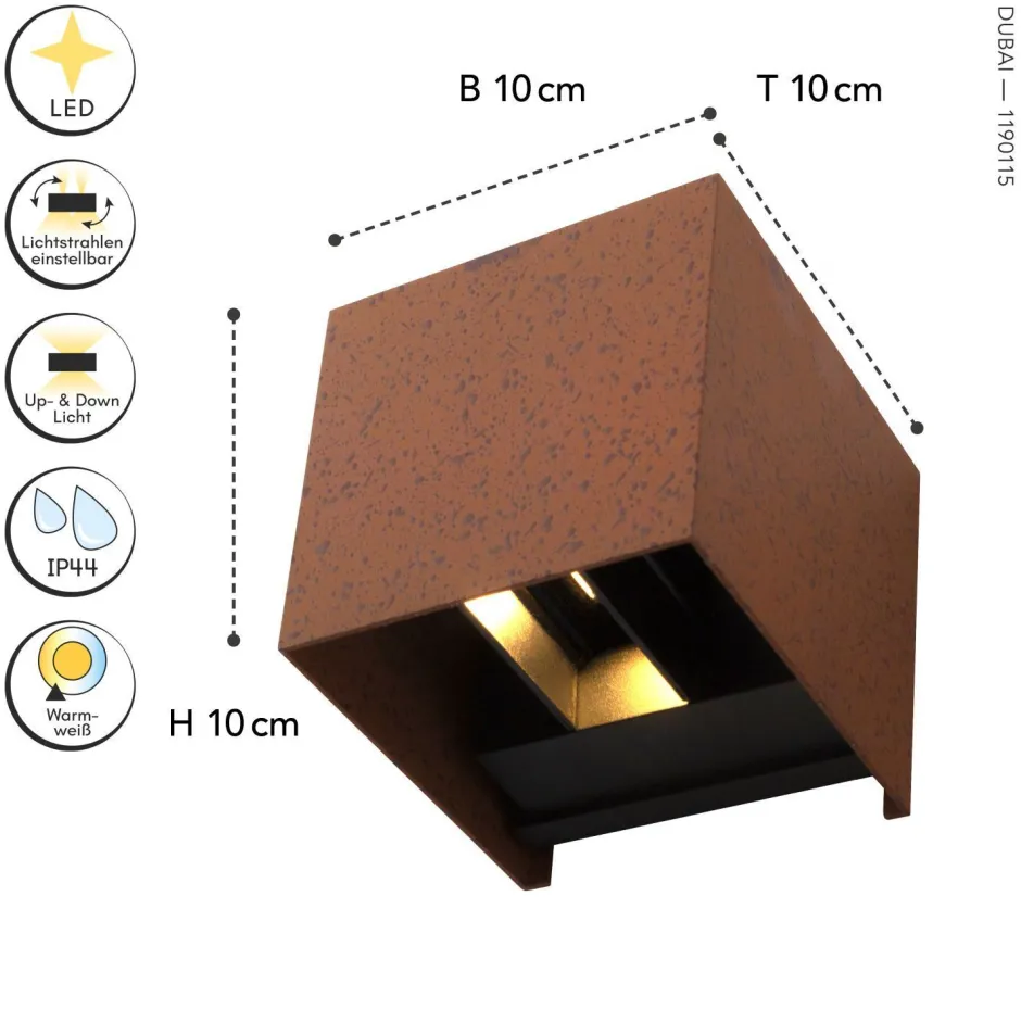 Metall Lampen|Led Außenleuchten*Eco-Light LED Wandlampe Außen Rostbraun Up Down IP54 3000 K 6 W