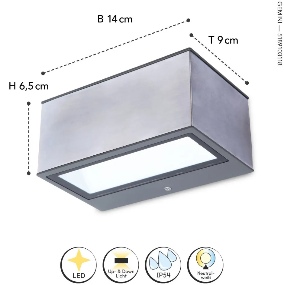 Eco-Light LED Wandlampe Edelstahl in Nickel 4000 K IP54 Up Down< Metall Lampen|Led Außenleuchten