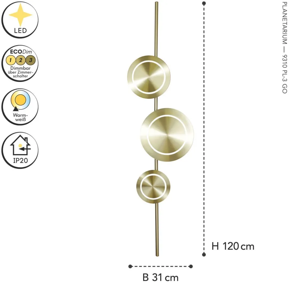 Wohnzimmerlampen|Metall Lampen*Eco-Light LED Wandlampe Gold H:120 cm 18 W 1008 lm 3000 K dimmbar