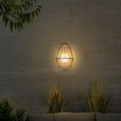 Metall Lampen|Feuchtraumleuchten*Newgarden LED Wandlampe kabellos IP54 H: 24,5 cm Rattan außen Dimmer