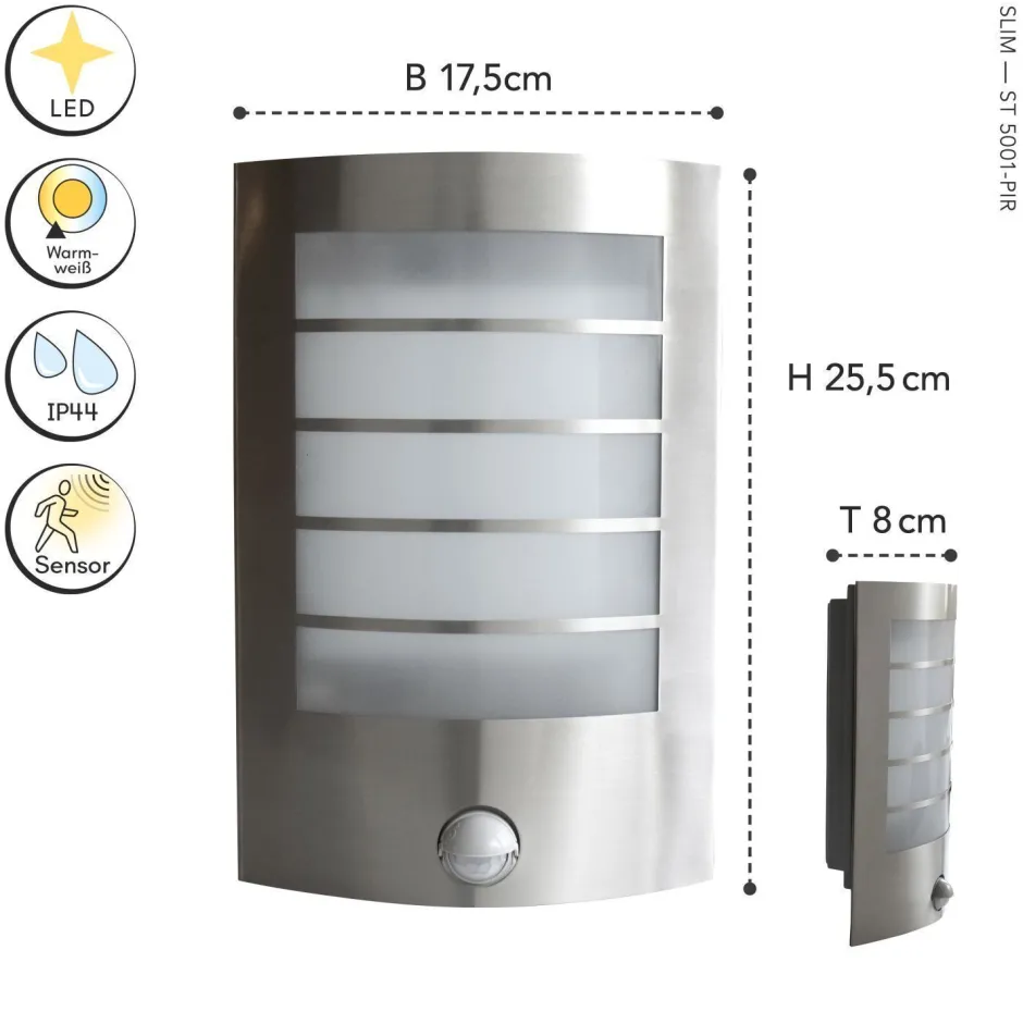 Metall Lampen|Led Außenleuchten*Eco-Light LED Wandlampe Sensor Edelstahl IP44 H:25,4 cm flach