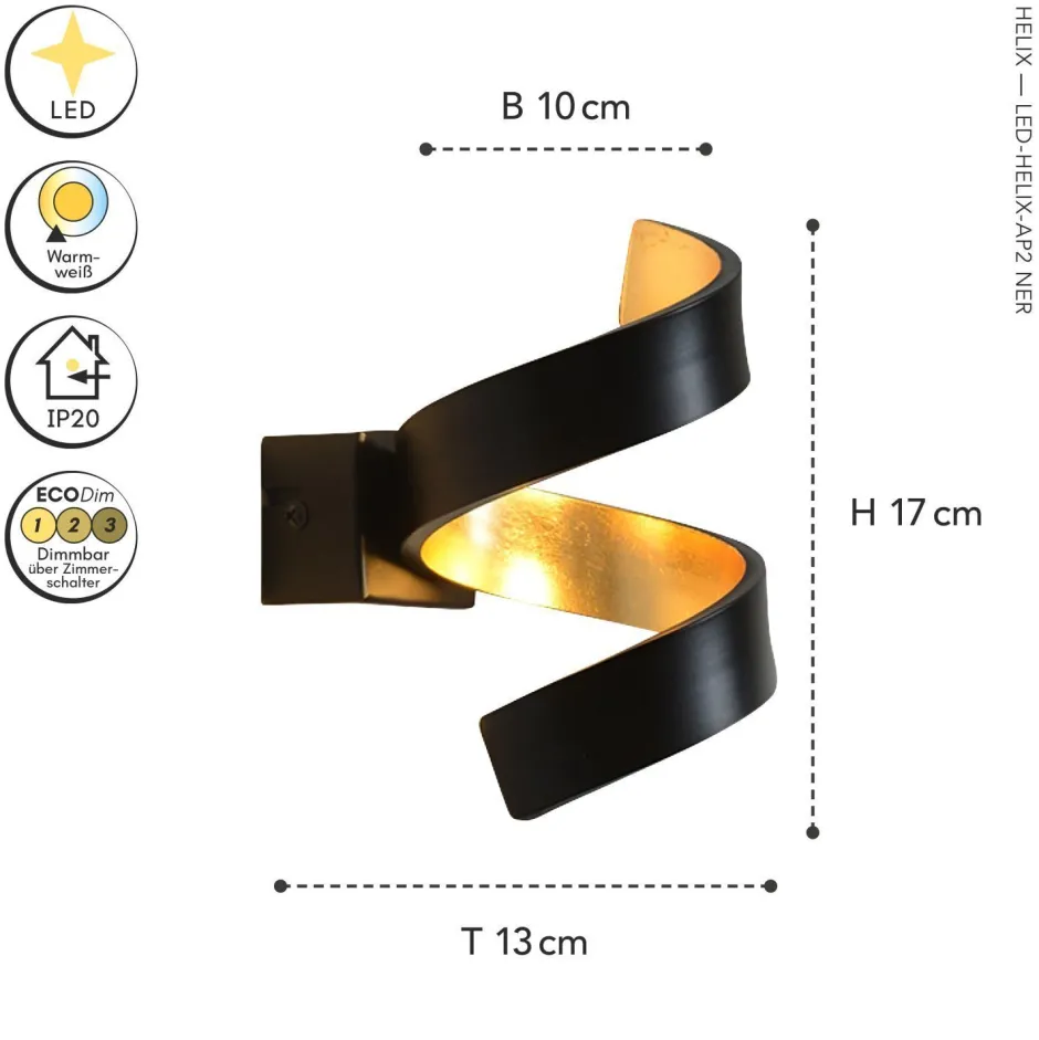 Wohnzimmerlampen|Metall Lampen*Eco-Light LED Wandlampe Spirale Schwarz Gold H:17 cm 3000 K 6 W