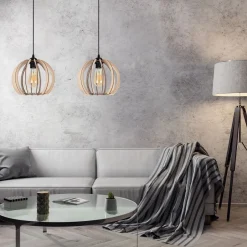 Belis Längliche Hängelampe Holz Metall E27 2-flammig L:60 cm< Hängelampen|Bürolampen