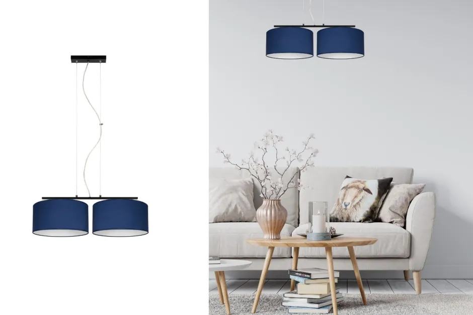 Wohnzimmerlampen|Stofflampen*Belis Längliche Hängeleuchte 2-flammig Stoff Schwarz Blau E27