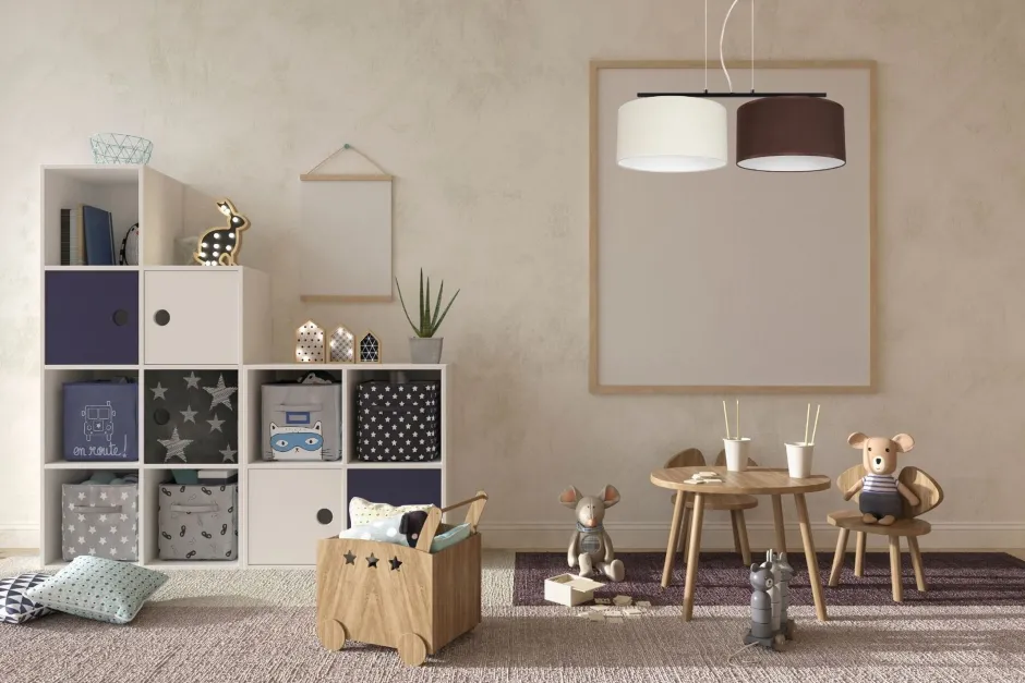 Belis Längliche Hängeleuchte 2-flammig Stoff Ecru Braun E27< Hängelampen|Bürolampen