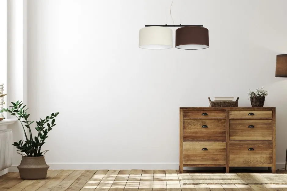 Belis Längliche Hängeleuchte 2-flammig Stoff Ecru Braun E27< Hängelampen|Bürolampen