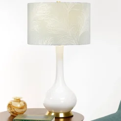 Elstead Nachttischlampe Stoff Keramik E27 69 cm Retro Weiß grau< Schlafzimmer Lampen|Stofflampen