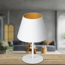 Luminex Nachttischleuchte Stoff Metall H:33 cm E27 in Weiß Gold< Tischlampen|Schlafzimmer Lampen