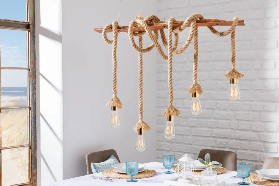 Invicta Interior Natürliche Pendelleuchte Natur 5-flammig L:90 cm E27< Hängelampen|Bürolampen