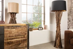 Bürolampen|Stofflampen*Invicta Interior Natürliche Stehlampe Schwarz Gold 151 cm Holz Baumwolle