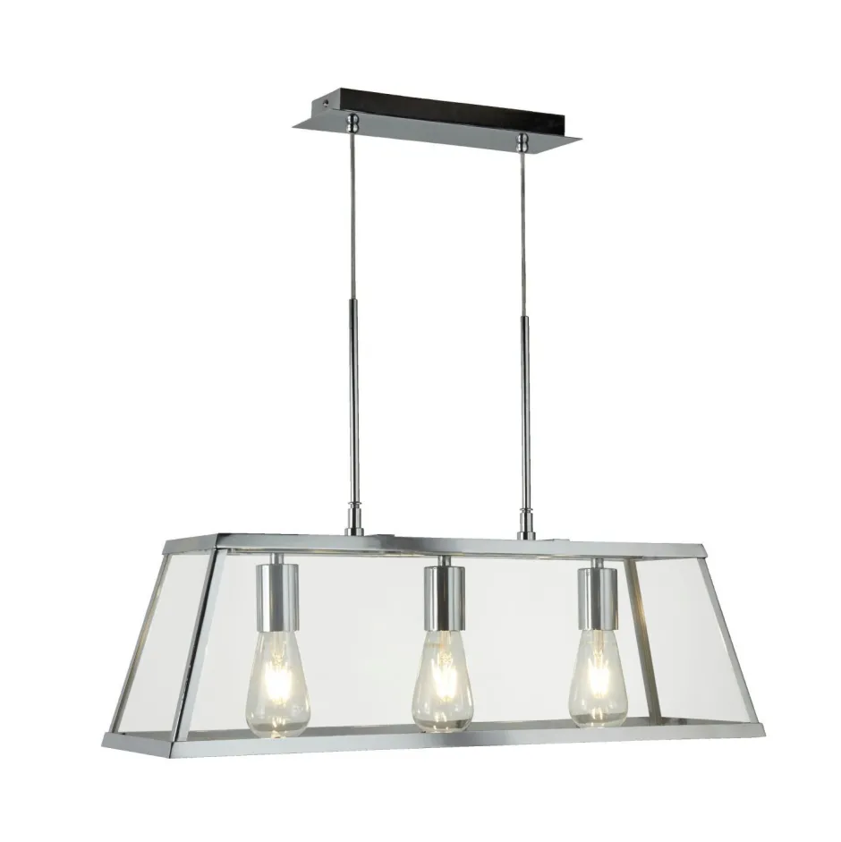 Searchlight Pendelleuchte 3-flammig Chrom Klar E27 Glas Metall< Hängelampen|Wohnzimmerlampen