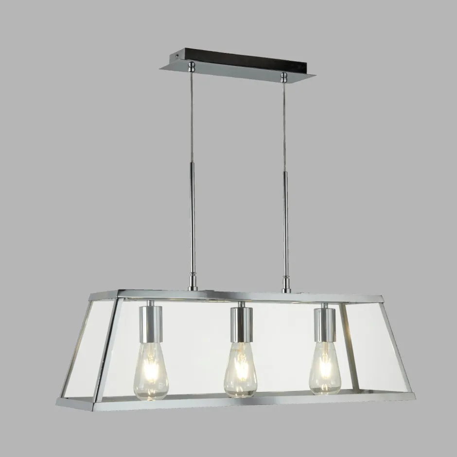 Searchlight Pendelleuchte 3-flammig Chrom Klar E27 Glas Metall< Hängelampen|Wohnzimmerlampen