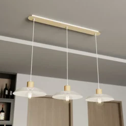 Emibig Pendelleuchte 3-flammig E27 L: 90 Weiß Holzoptik Metall< Hängelampen|Bürolampen