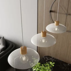 Emibig Pendelleuchte 3-flammig E27 L: 90 Weiß Holzoptik Metall< Hängelampen|Bürolampen