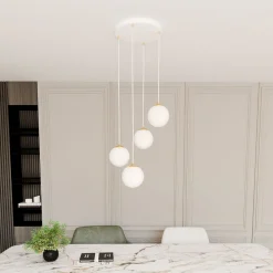 Emibig Pendelleuchte Glas Metall 4x E14 Weiß Gold verstellbar< Wohnzimmerlampen|Glaslampen