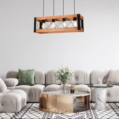 Bürolampen|Rustikale Lampen*Lamkur Pendelleuchte Holz Metall verstellbar 4-flammig E27 Rustikal