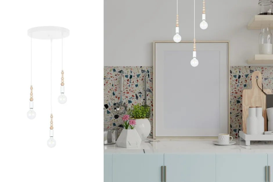 Hängelampen|Bürolampen*Belis Pendelleuchte Holz Metall Weiß E27 Ø30 cm rund 3-flmg